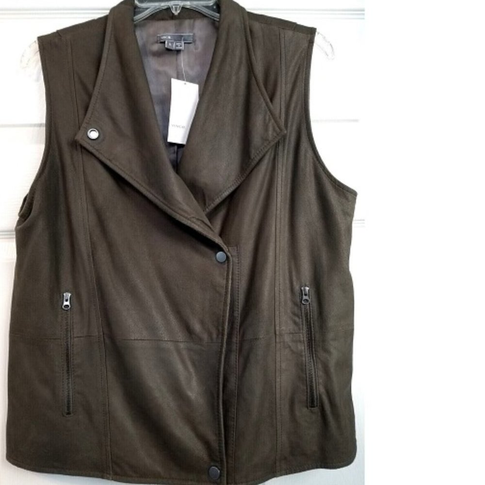 VINCE PAPER LEATHER VEST JACKET DARK GREY/MILITARY GREEN ASSYMETRIC SZ L NWT!